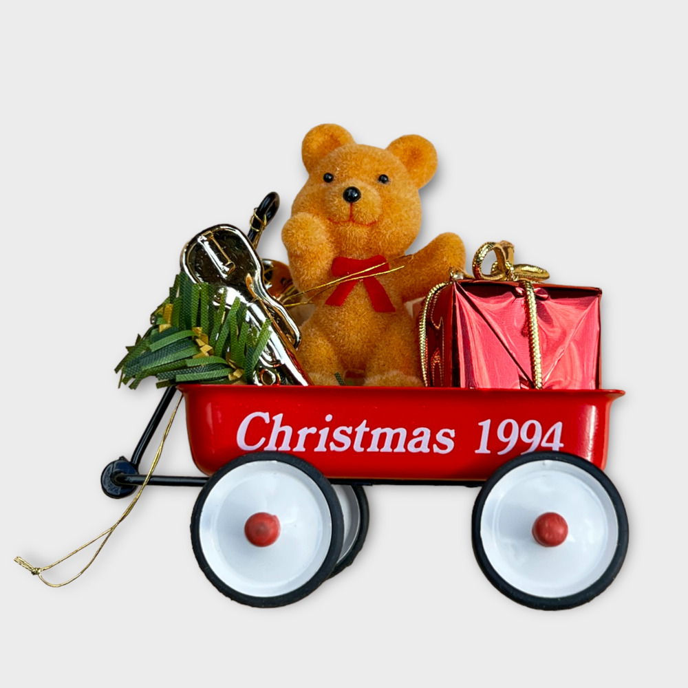 Figis Vintage 1994 Red Coaster Wagon With Brown Flocked Bear Christmas Ornament